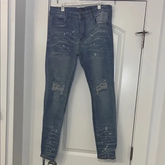 Men's Distressed Skinny Jeans in Classic Blue - Picture 1 of 9